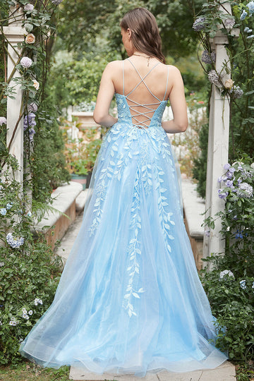 A Line Spaghetti Straps Blue Long Ball Dress with Appliques